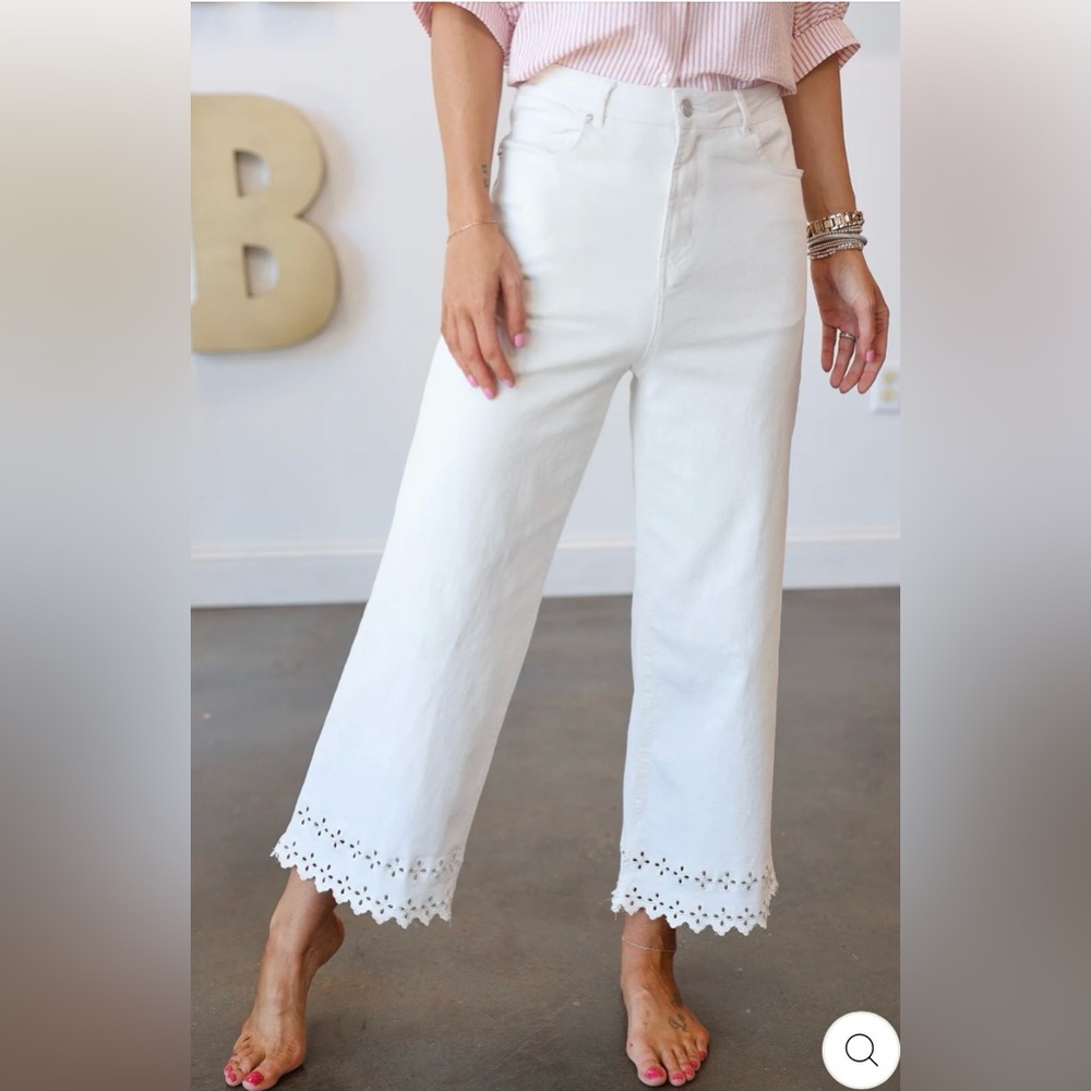 Entro White Wide Leg Jeans with Eyelet Detail